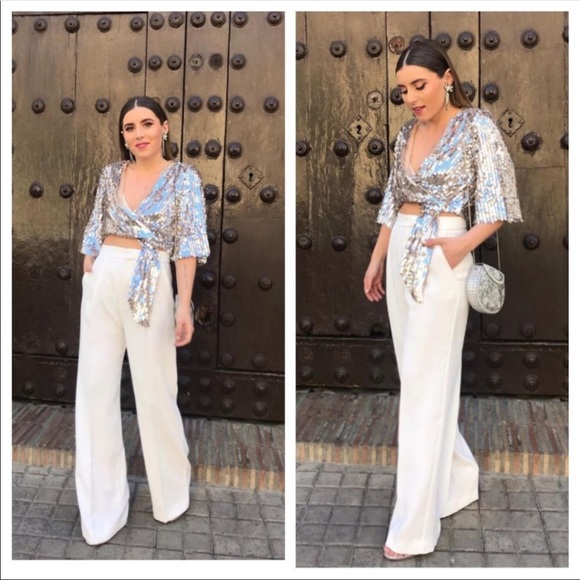 ❤️NWT ZARA SILVER SEQUIN WRAP BLOUSE TOP - Picture 2 of 8